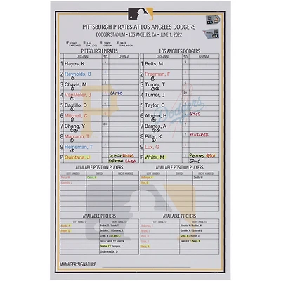 Pittsburgh Pirates Game-Used Lineup Card vs. Los Angeles Dodgers on June 1, 2022