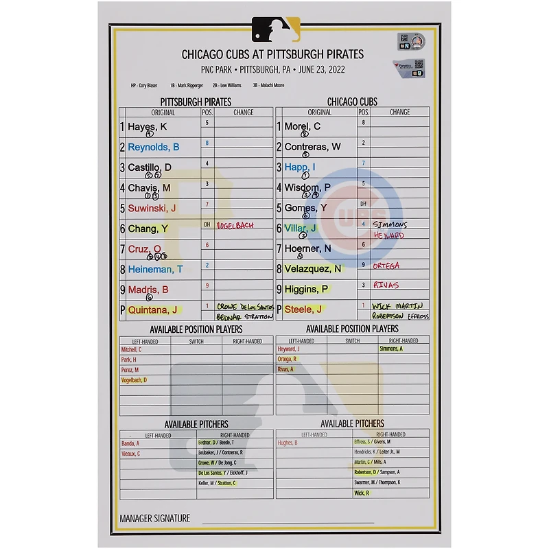 Pittsburgh Pirates Game-Used Lineup Card vs. Chicago Cubs on June 23, 2022