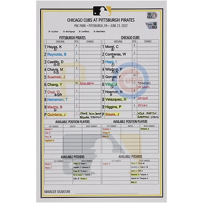 Pittsburgh Pirates Game-Used Lineup Card vs. Chicago Cubs on June 23, 2022