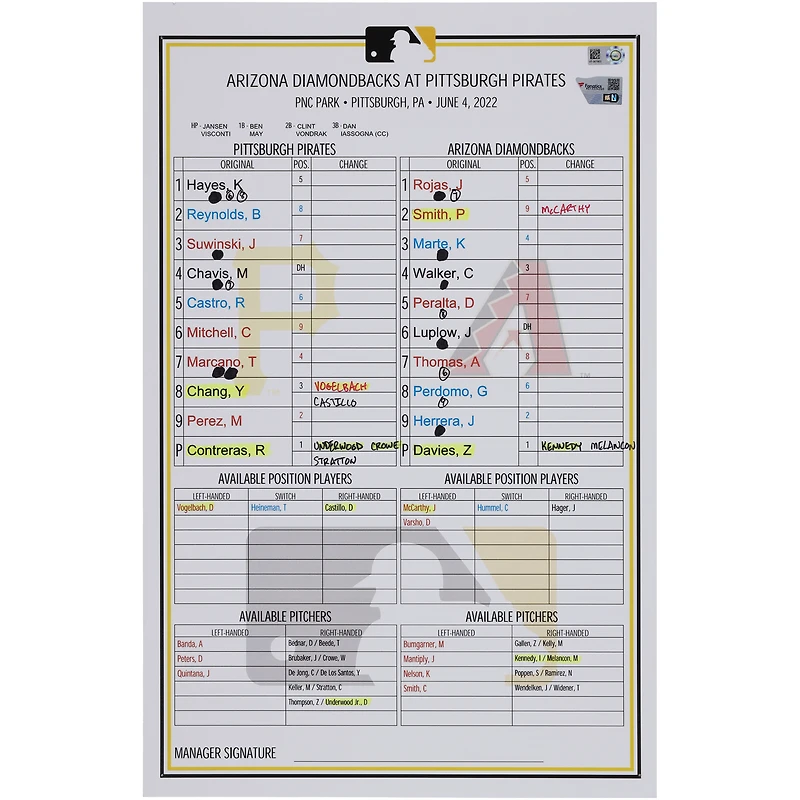 Pittsburgh Pirates Game-Used Lineup Card vs. Arizona Diamondbacks on June 4, 2022