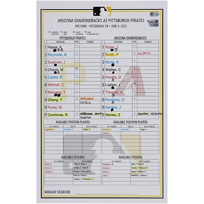 Pittsburgh Pirates Game-Used Lineup Card vs. Arizona Diamondbacks on June 4, 2022