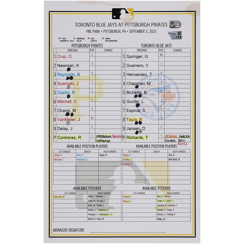 Pittsburgh Pirates Game-Used Lineup Card vs. Toronto Blue Jays on September 3, 2022