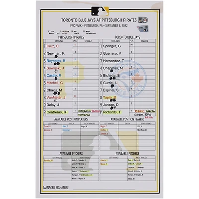 Pittsburgh Pirates Game-Used Lineup Card vs. Toronto Blue Jays on September 3, 2022