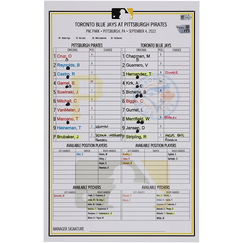Pittsburgh Pirates Game-Used Lineup Card vs. Toronto Blue Jays on September 4, 2022