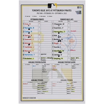 Pittsburgh Pirates Game-Used Lineup Card vs. Toronto Blue Jays on September 4, 2022