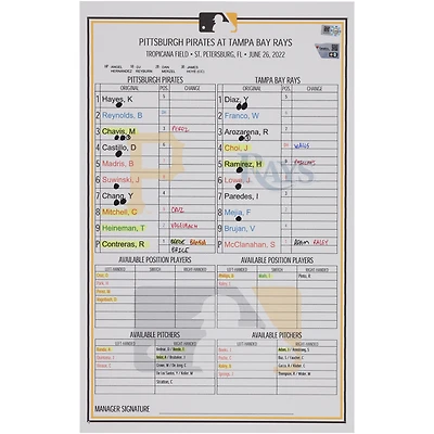 Pittsburgh Pirates Game-Used Lineup Card vs. Tampa Bay Rays on June 26, 2022