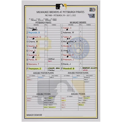 Pittsburgh Pirates Game-Used Lineup Card vs. Milwaukee Brewers on July 3, 2022