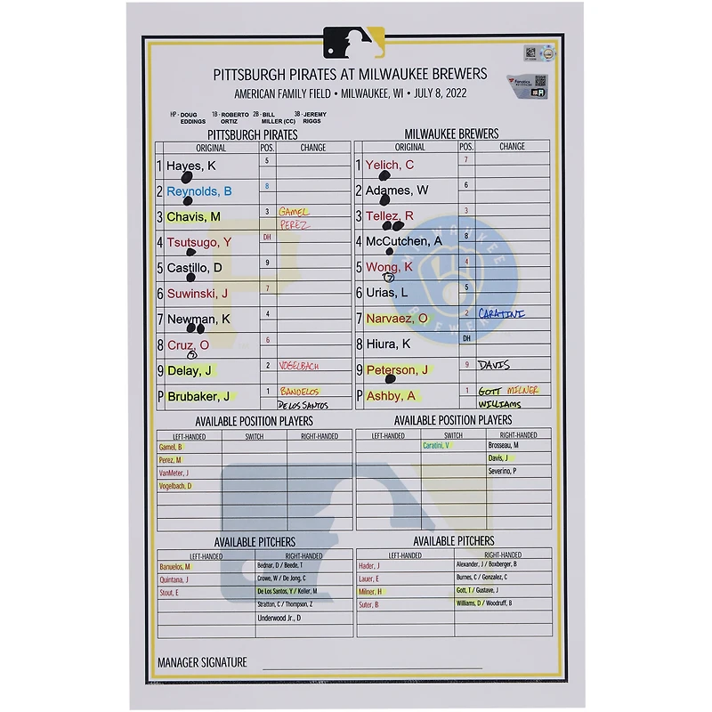 Pittsburgh Pirates Game-Used Lineup Card vs. Milwaukee Brewers on July 8, 2022