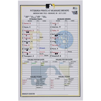 Pittsburgh Pirates Game-Used Lineup Card vs. Milwaukee Brewers on July 9, 2022
