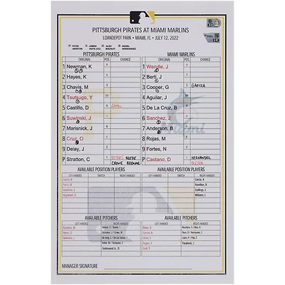 Pittsburgh Pirates Game-Used Lineup Card vs. Miami Marlins on July 12, 2022