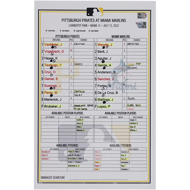 Pittsburgh Pirates Game-Used Lineup Card vs. Miami Marlins on July 13, 2022