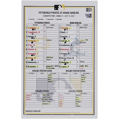 Pittsburgh Pirates Game-Used Lineup Card vs. Miami Marlins on July 13, 2022