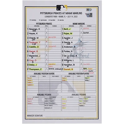 Pittsburgh Pirates Game-Used Lineup Card vs. Miami Marlins on July 14, 2022