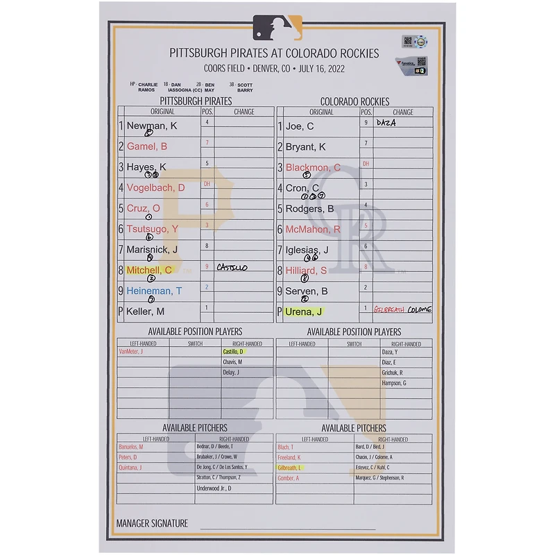 Pittsburgh Pirates Game-Used Lineup Card vs. Colorado Rockies on July 16, 2022
