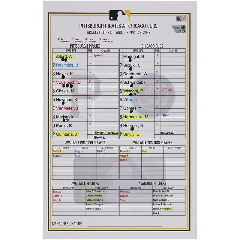 Pittsburgh Pirates Game-Used Lineup Card vs. Chicago Cubs on April 22, 2022