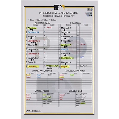 Pittsburgh Pirates Game-Used Lineup Card vs. Chicago Cubs on April 22, 2022