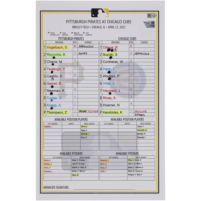Pittsburgh Pirates Game-Used Lineup Card vs. Chicago Cubs on April 23, 2022