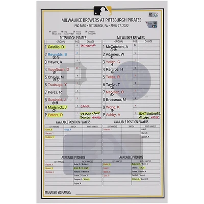 Pittsburgh Pirates Game-Used Lineup Card vs. Milwaukee Brewers on April 27, 2022