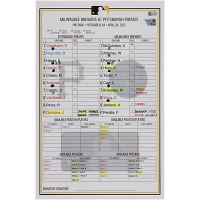 Pittsburgh Pirates Game-Used Lineup Card vs. Milwaukee Brewers on April 28, 2022