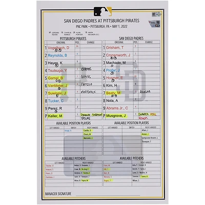 Pittsburgh Pirates Game-Used Lineup Card vs. San Diego Padres on May 1, 2022