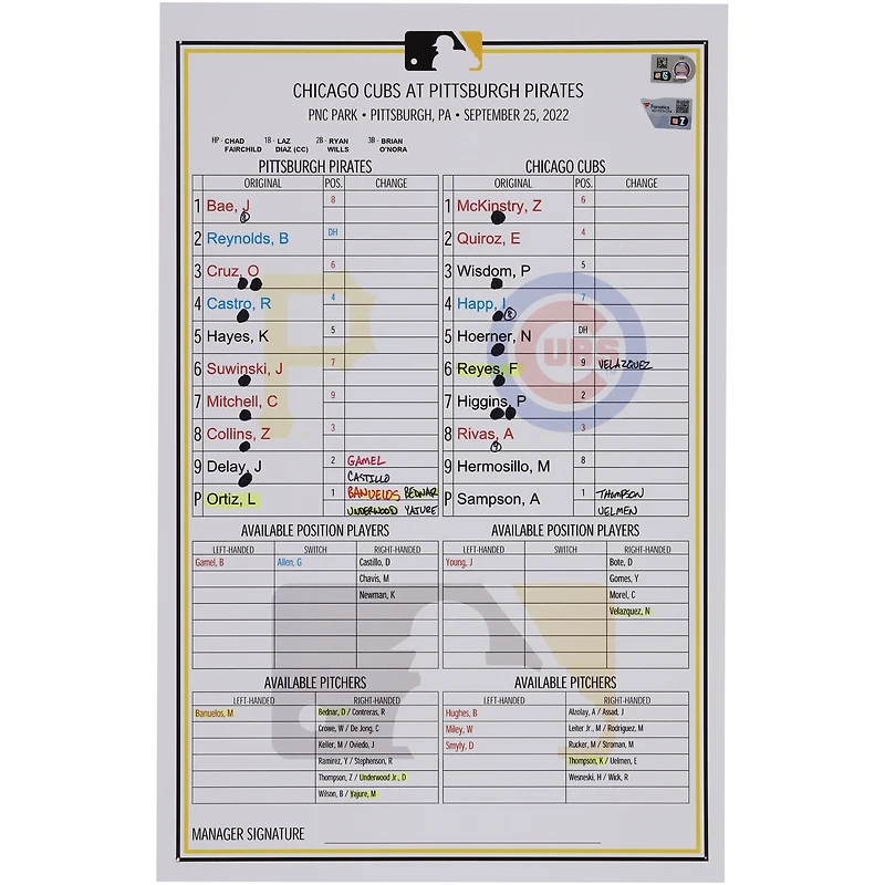 Pittsburgh Pirates Game-Used Lineup Card vs. Chicago Cubs on September 25, 2022