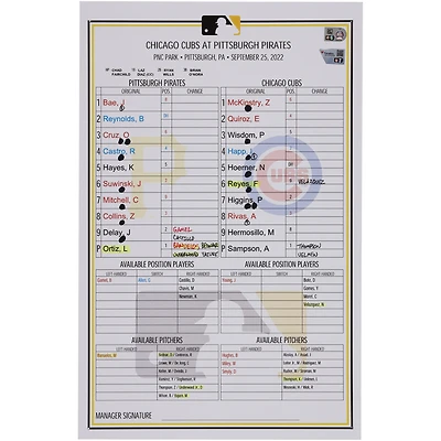 Pittsburgh Pirates Game-Used Lineup Card vs. Chicago Cubs on September 25, 2022