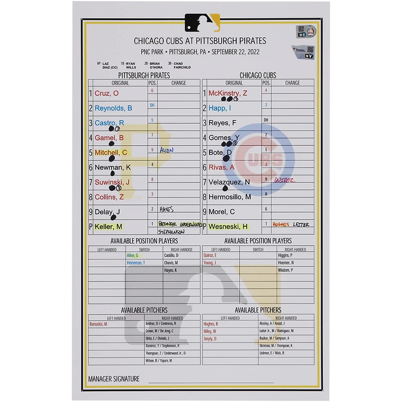 Pittsburgh Pirates Game-Used Lineup Card vs. Chicago Cubs on September 22, 2022