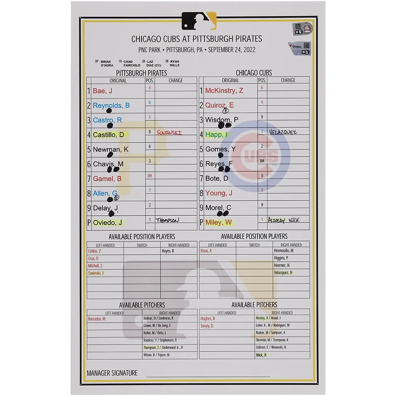 Pittsburgh Pirates Game-Used Lineup Card vs. Chicago Cubs on September 24, 2022