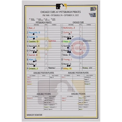 Pittsburgh Pirates Game-Used Lineup Card vs. Chicago Cubs on September 24, 2022
