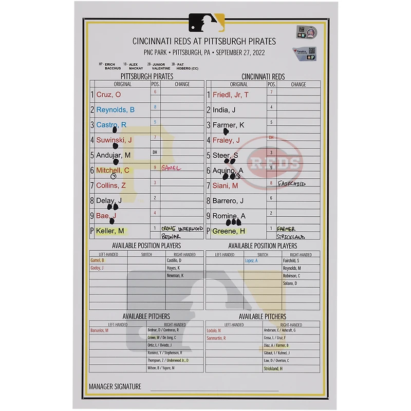 Pittsburgh Pirates Game-Used Lineup Card vs. Cincinnati Reds on September 27, 2022