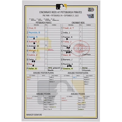 Pittsburgh Pirates Game-Used Lineup Card vs. Cincinnati Reds on September 27, 2022