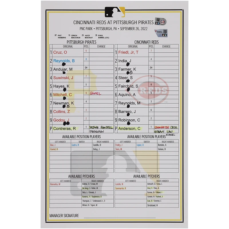 Pittsburgh Pirates Game-Used Lineup Card vs. Cincinnati Reds on September 26, 2022