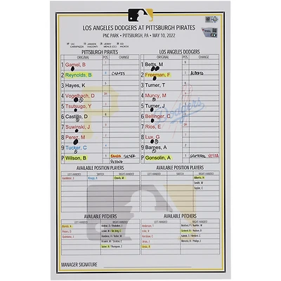 Pittsburgh Pirates Game-Used Lineup Card vs. Los Angeles Dodgers on May 10, 2022