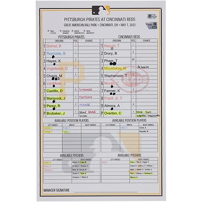Pittsburgh Pirates Game-Used Lineup Card vs. Cincinnati Reds on May 7, 2022