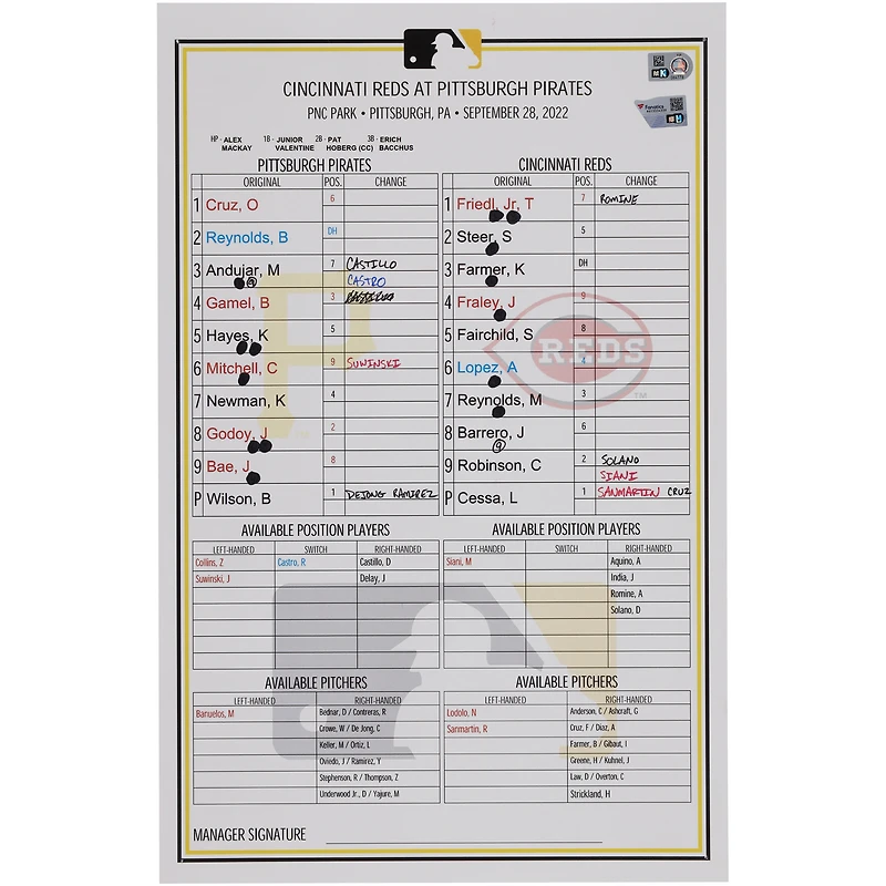 Pittsburgh Pirates Game-Used Lineup Card vs. Cincinnati Reds on September 28, 2022