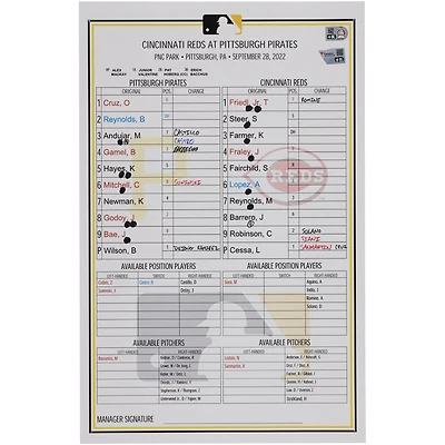 Pittsburgh Pirates Game-Used Lineup Card vs. Cincinnati Reds on September 28, 2022