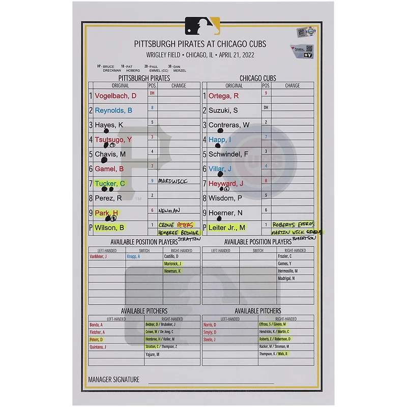 Pittsburgh Pirates Game-Used Lineup Card vs. Chicago Cubs on April 21, 2022