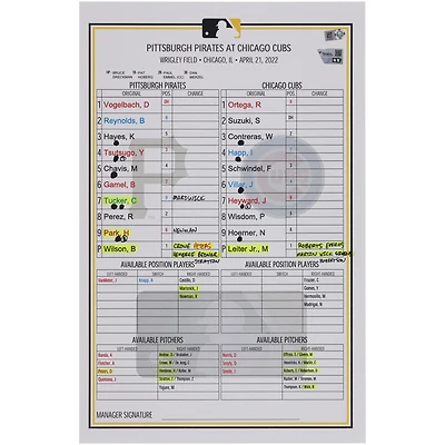 Pittsburgh Pirates Game-Used Lineup Card vs. Chicago Cubs on April 21, 2022