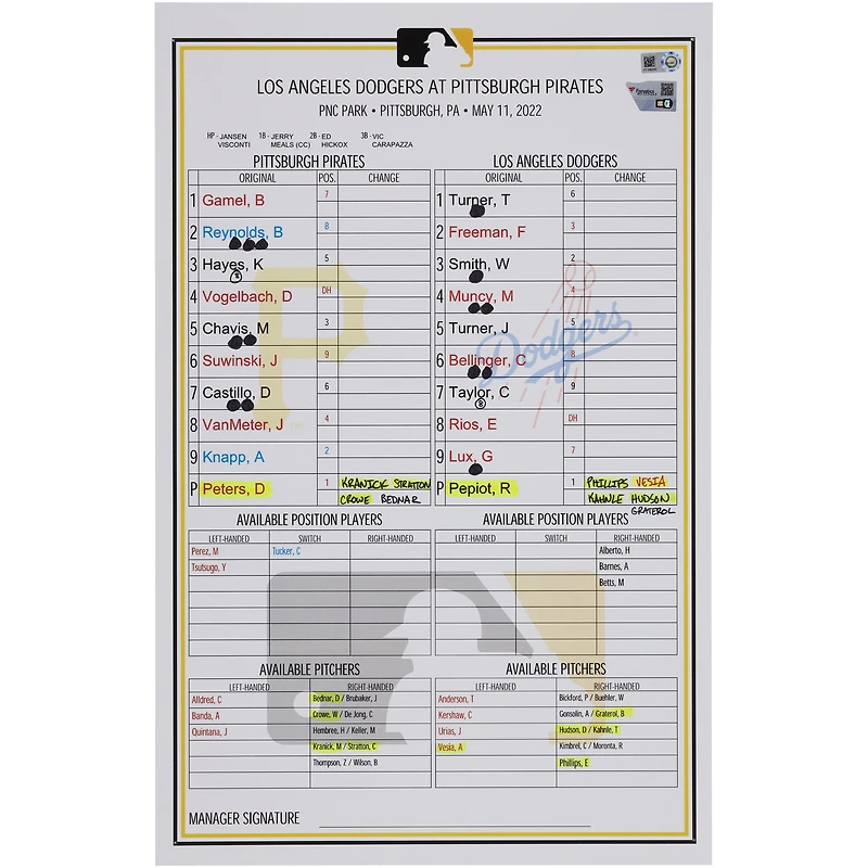 Pittsburgh Pirates Game-Used Lineup Card vs. Los Angeles Dodgers on May 11, 2022