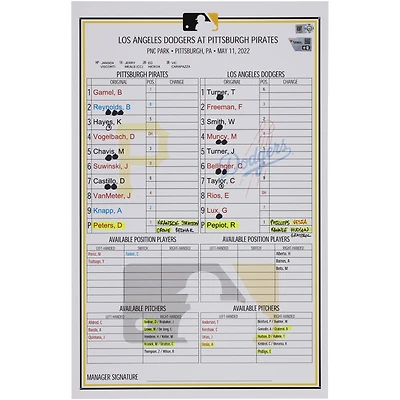 Pittsburgh Pirates Game-Used Lineup Card vs. Los Angeles Dodgers on May 11, 2022
