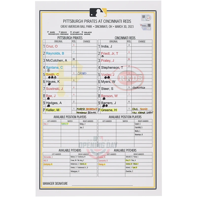 Pittsburgh Pirates Game-Used Lineup Card vs. Cincinnati Reds on March 30, 2023