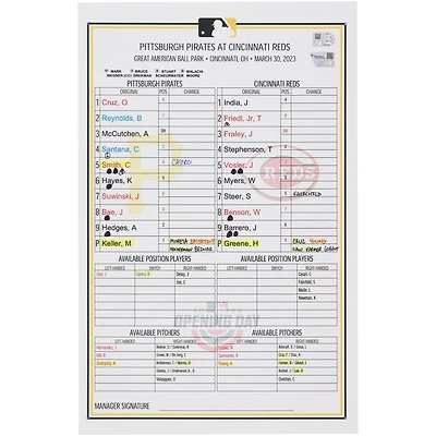Pittsburgh Pirates Game-Used Lineup Card vs. Cincinnati Reds on March 30, 2023