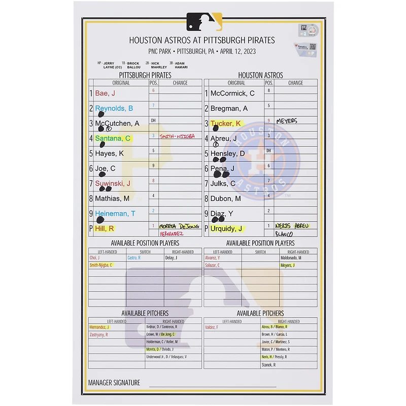 Pittsburgh Pirates Game-Used Lineup Card vs. Houston Astros on April 12, 2023