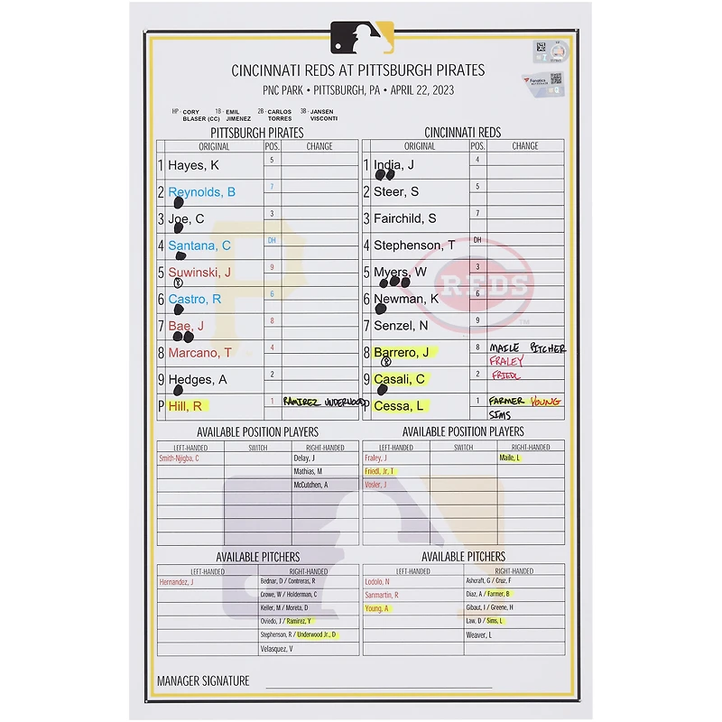 Pittsburgh Pirates Game-Used Lineup Card vs. Cincinnati Reds on April 22, 2023