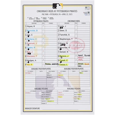 Pittsburgh Pirates Game-Used Lineup Card vs. Cincinnati Reds on April 22, 2023