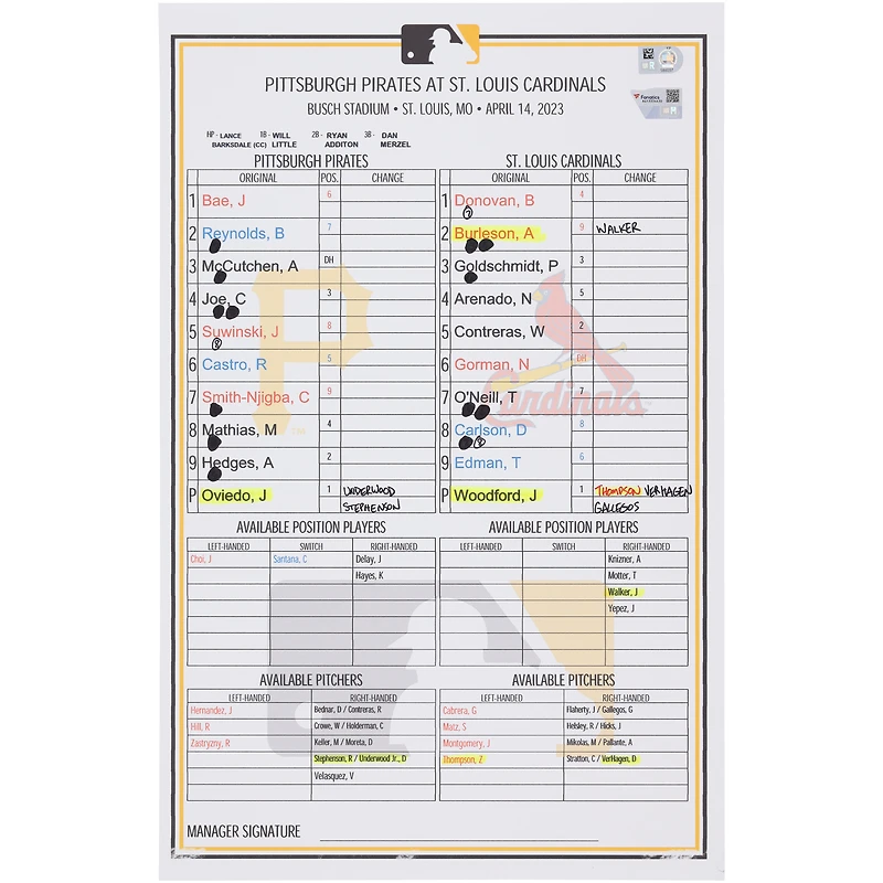 Pittsburgh Pirates Game-Used Lineup Card vs. St. Louis Cardinals on April 14, 2023