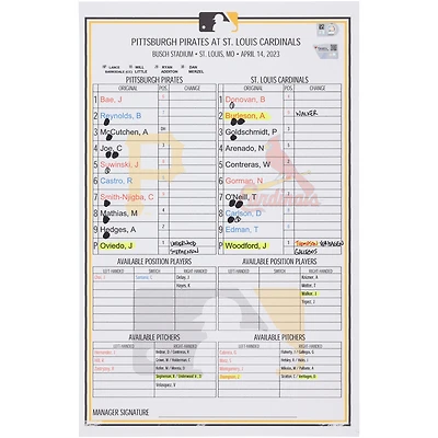Pittsburgh Pirates Game-Used Lineup Card vs. St. Louis Cardinals on April 14, 2023