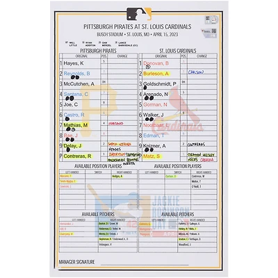 Pittsburgh Pirates Game-Used Lineup Card vs. St. Louis Cardinals on April 15, 2023