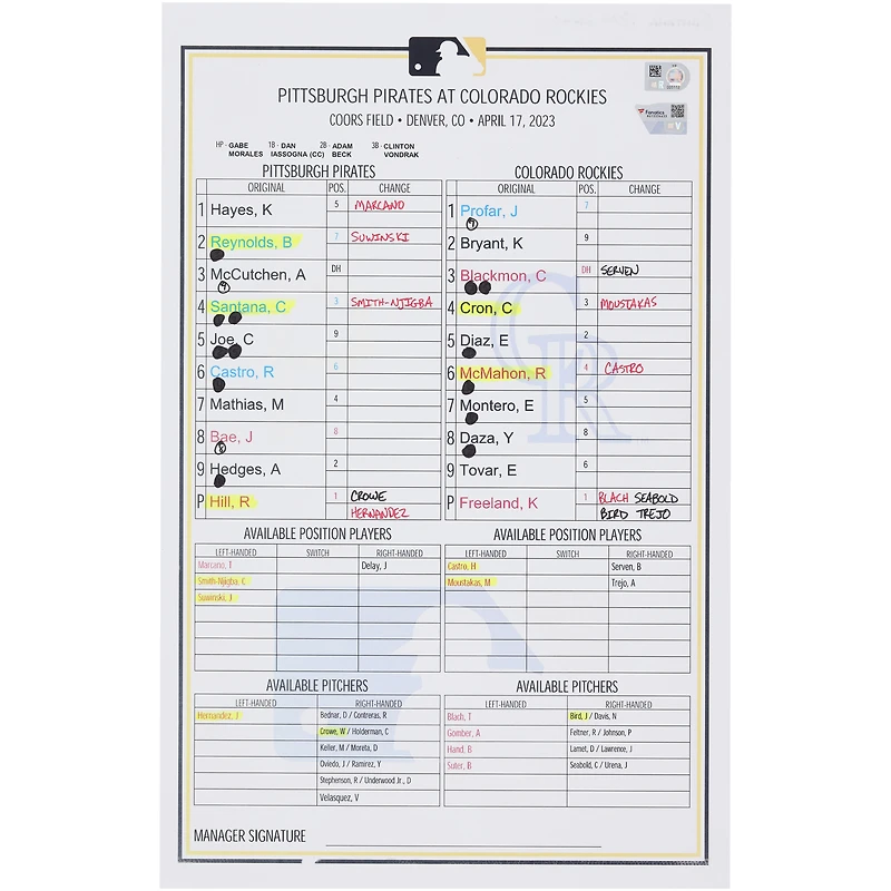 Pittsburgh Pirates Game-Used Lineup Card vs. Colorado Rockies on April 17, 2023