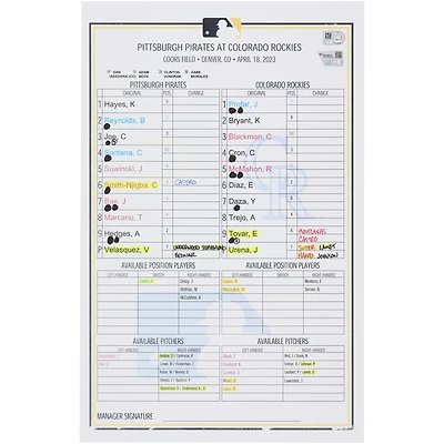Pittsburgh Pirates Game-Used Lineup Card vs. Colorado Rockies on April 18, 2023